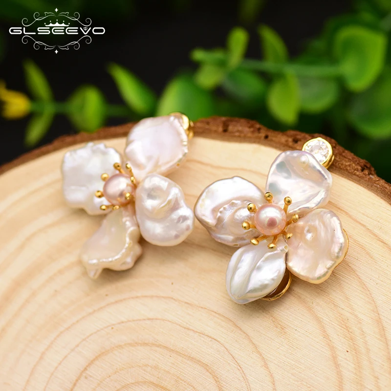 GLSEEVO Original Handmade Natural Fresh Water Pearl Flower Drop Earrings For Women Wedding Jewelry boucle d\'oreille femme GE0712