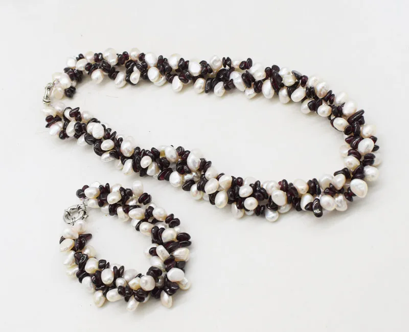 one set 3rows  freshwater pearl white baroque red garnet necklace bracelet 19inch FPPJ wholesale beads nature