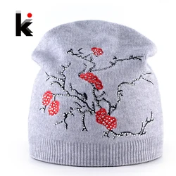 Femal Beanies Hat Women Autumn And Winter Plum Flower Embroidery Knitted wool Cap Ladies Knitting Skullies Bonnet Girls Gorros