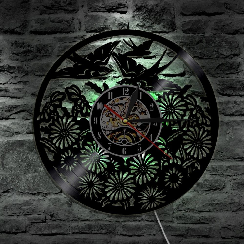 Birds Animals LED Lighting Vinyl Record Wall Clock With Color Change Wall Light Spring Flying Birds And Flowers Decor