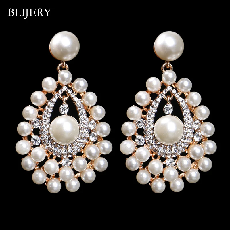 BLIJERY Luxurious Crystal Simulated Pearl Bridal Big Long Drop Earrings for Women Statement Wedding Earrings Jewelry Accessories