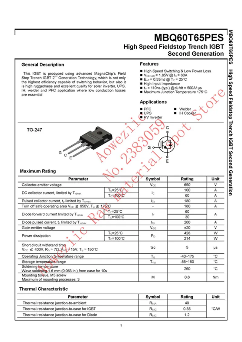 Aoweziic 2024 + 100% novo importado original MBQ60T65PESTH MBQ60T65PES MBQ60T65 60T65PES 60T65 TO-247 IGBT tubo único 60A 650V