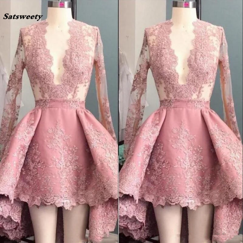 เซ็กซี่ลึก V คอ Hi-Lo ชุดเจ้าสาวพีชสีชมพูแขนยาว Applique Ruffle สั้น PARTY Dresses