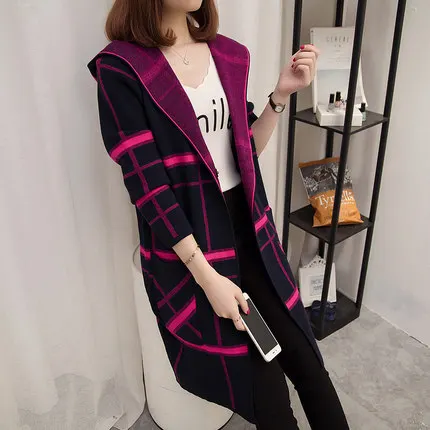 Long hooded cardigan Korean women's long-sleeved knitted loose large size lattice sweater coat autumn and winter new