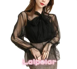 Long Flare Sleeve Blouse Shirts Women Summer Mesh See Through Shirts Tops Blousas Sexy Bow Two Pieces Women Shirts Laipelar