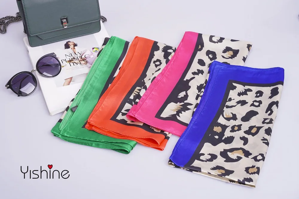 Yishine 70*70 CM New  Red Green Blue Leopard Prints Polyester Scarves for Women New Design Brand Small Square Silk Scarf