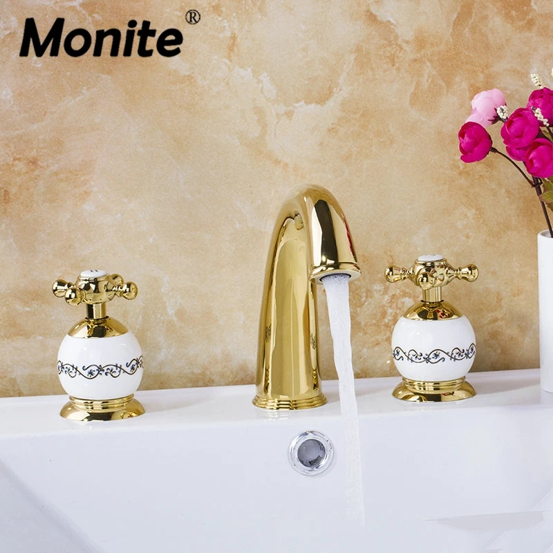 Monite 3 Pcs Set Bathtub Golden Plated Bathroom Faucet European Split Basin Mixer Tap Ceramic Faucet Body Cross Handles