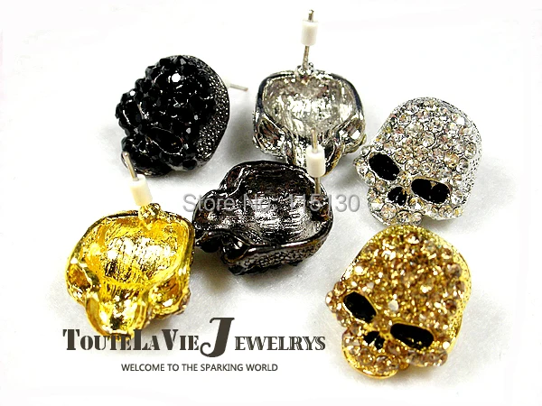 FishSheep Rock Punk Skull Crystal Stud Earrings For Women Gold Color Earrings With Stone Brincos Femme Fashion Skull Jewelry