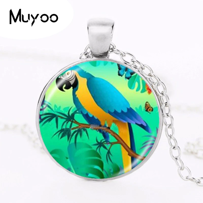 Parrot Necklace Gold Macaw Pendant Bird Jewelry Glass Cabochon Sweater Chain Necklace Handmade Jewellery for Animal Lover HZ1