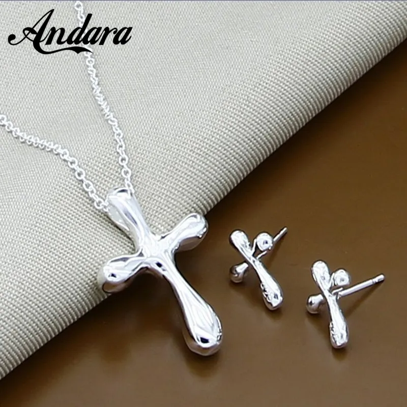 Hot Selling 925 Sterling Silver Water Drop Cross Jewelry Sets Necklace Earrings For Women Christmas gift