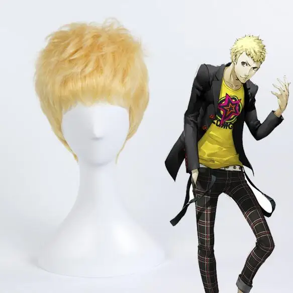 

12" Men's Persona 5 Ryuji Sakamoto Short Golden Hairstyles Synthetic Cosplay Full Wigs Halloween Costume Party Wigs +wig cap