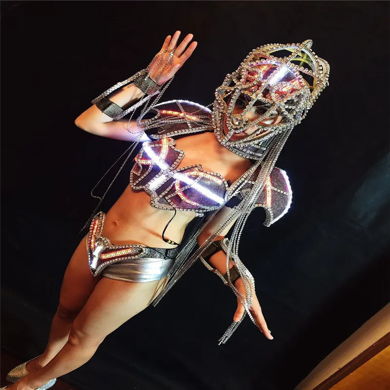 

AS86-1 Sexy ballroom dance women dresses led light costumes with bra helmet robot men dj led luminous bar model wears clothes dj