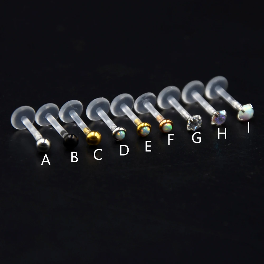 Showlove-1Piece Surgical Steel Bioplast Labret Ear Tragus Cartilage Earring Lip Ring Zircon Opal Stone Piercing Body Jewelry 16G