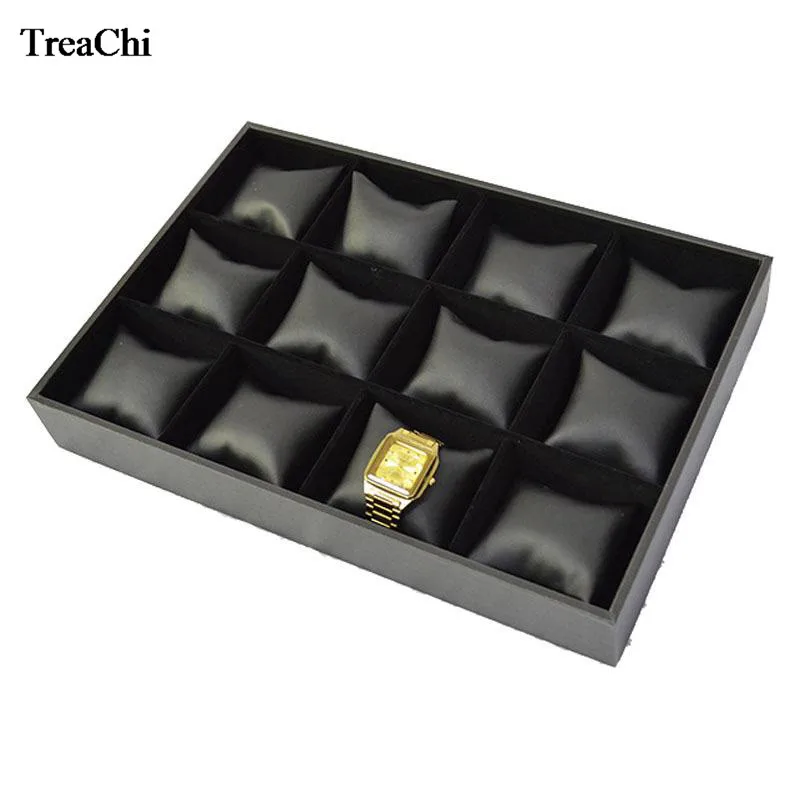 12 Grids Convenience Jewelry Display Case Bangle Bracelet Display Pillow Box Black PU Velvet Cushion Watch Holder Tray