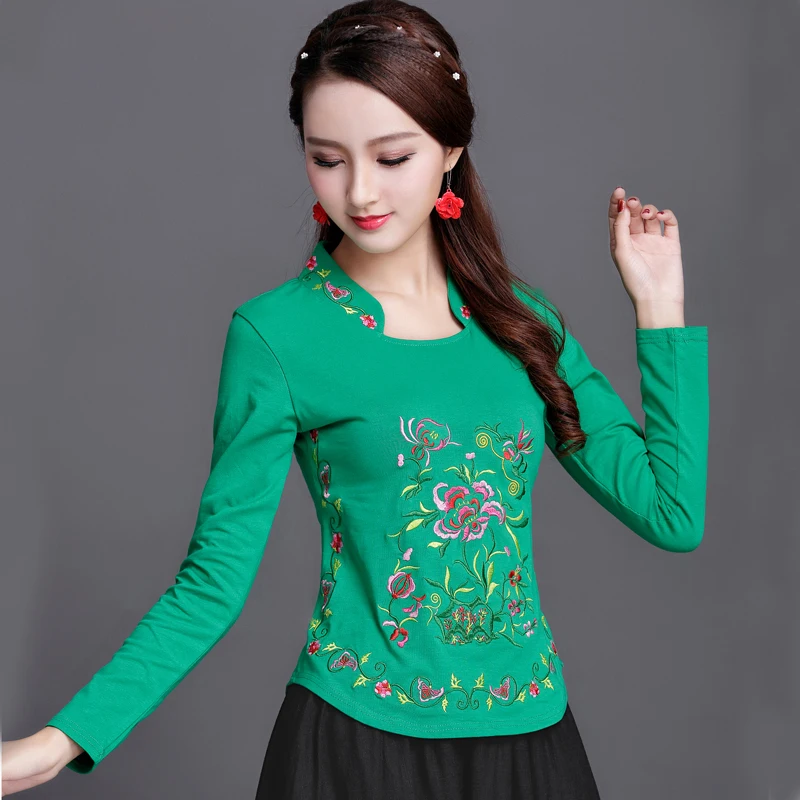 Plus size T Shirt Women Cotton Basic Tshirt Long sleeve Vintage Ethnic Embroidery High quality Ladies Tops Casual 4XL 5XL 6XL