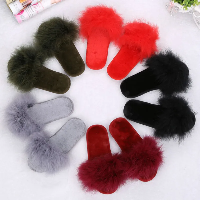 Taomengsi new winter ostrich fur home slippers thickened plush thick bottom non-slip word cotton BLACK slippers SIZE 36-41