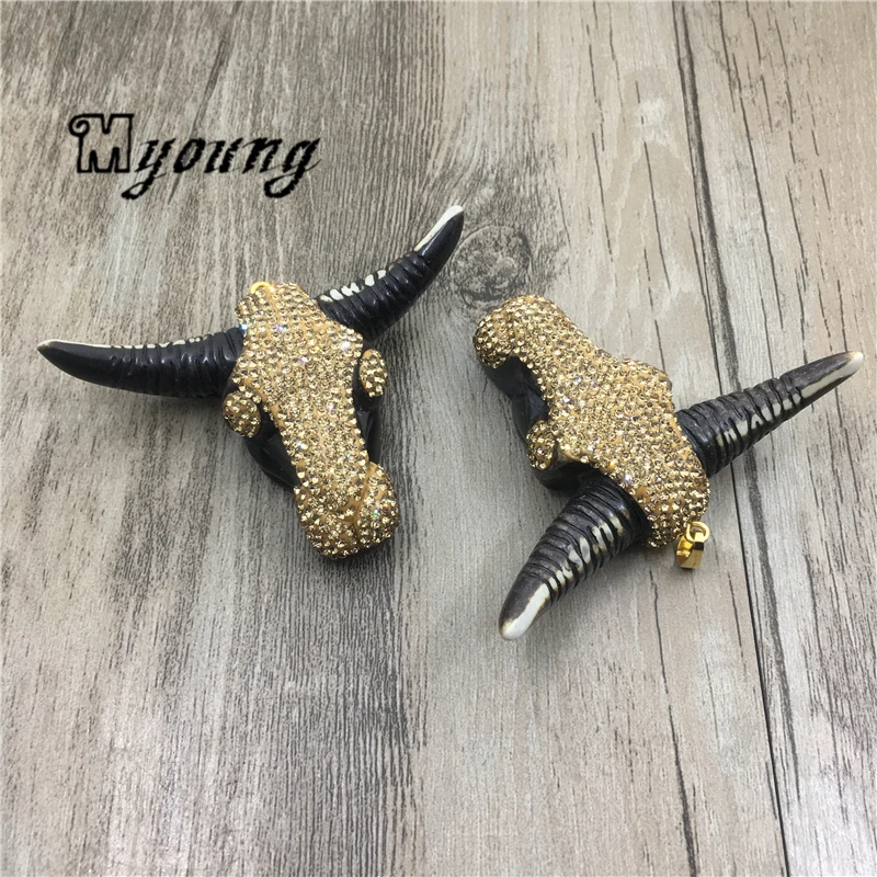 Tribal Buffalo Horn Skull Pendant with Yellow Toned Rhinestone Paved,OX Skull Charms approx.50*70mm MY1831