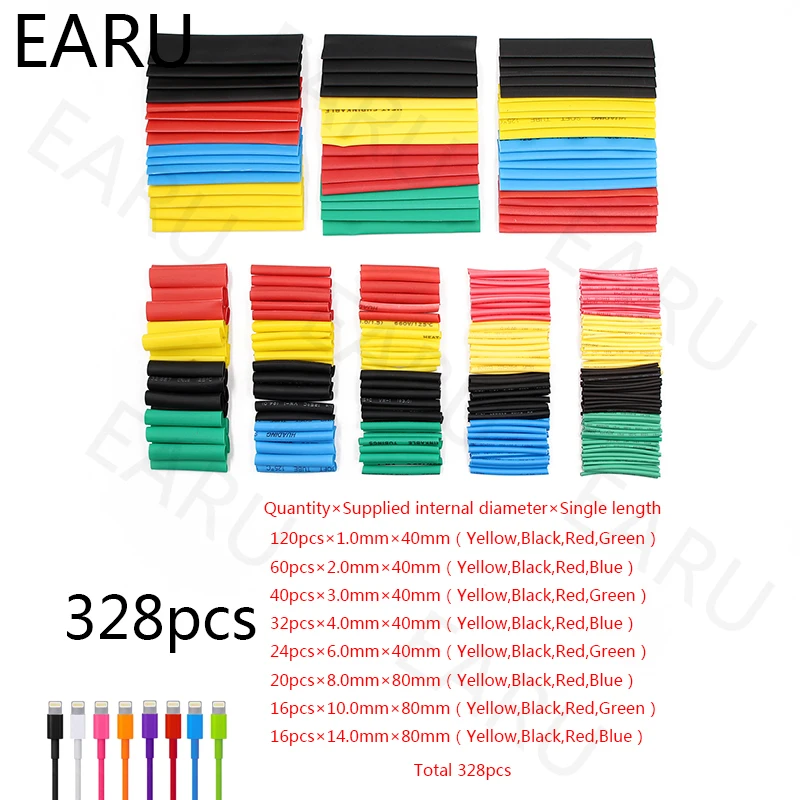 20/55/127/150/280/328Pcs Assorted Polyolefin Heat Shrink Tubing Tube Car Cable Sleeves Wrap Wire Set Kits Box 8 Size Mixed Color