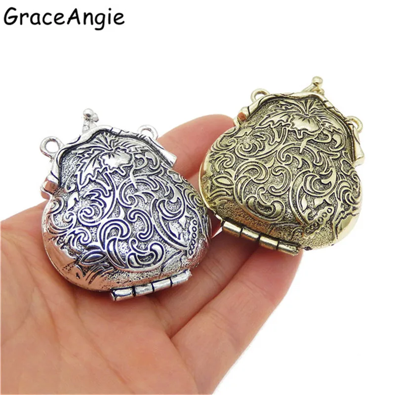 (2piece)Mix Silver Color Bronze Tone Ancient Purse Locket Alloy Charm Pendants 54*44mm OpenClose Top Jewelry Lover Gift 52609