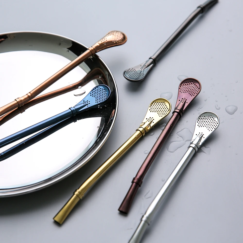 

304 Stainless Steel Creative Spoon Drinking Straws Bent Filter Straw Drink Mate Tea Bar Coffee Spoons Luxury Cultery Accessories