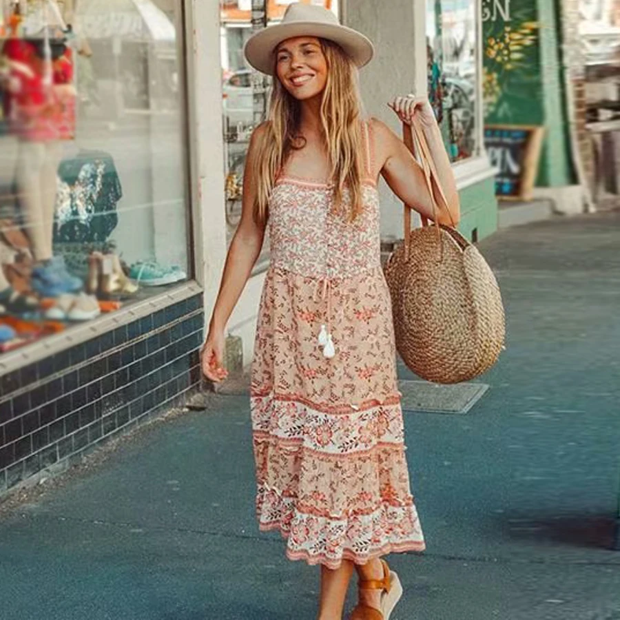 TEELYNN summer strap dresses rayon pink floral print Gypsy beach Dress sexy sleeveless boho women dresses vestidos 2019 sundress