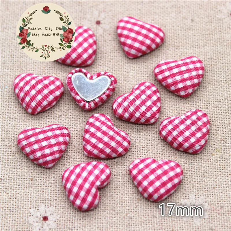 17mm 50pcs Mix Colors Lattice Fabric Covered Heart Button Flatback Cabochon DIY Decoration Button Scrapbooking,BK1027