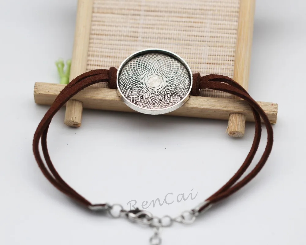 10pcs Semi Finished Brown Suede Cord Bracelet with Round Blank Connector Setting Fit 25mm Glass Cabochons Handmade DIY Bracelet