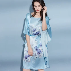 Women 100% Real Silk Nightgown Flower Print Large Size Pure Silk Night Dress Summer Thin Sleeping Dress Blue Silk Nightdress