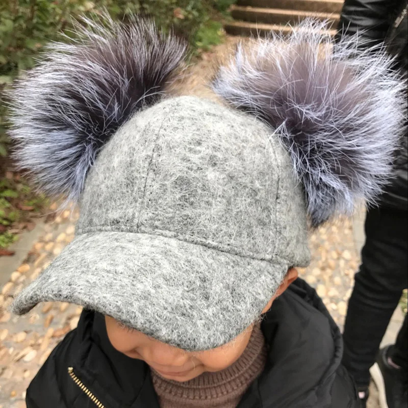 Real Silver Fox Fur Pompom Winter Hat For Women Kids Cartoon Two Pom Poms Baseball Caps Brand Snapback Hip hop Hat Cap