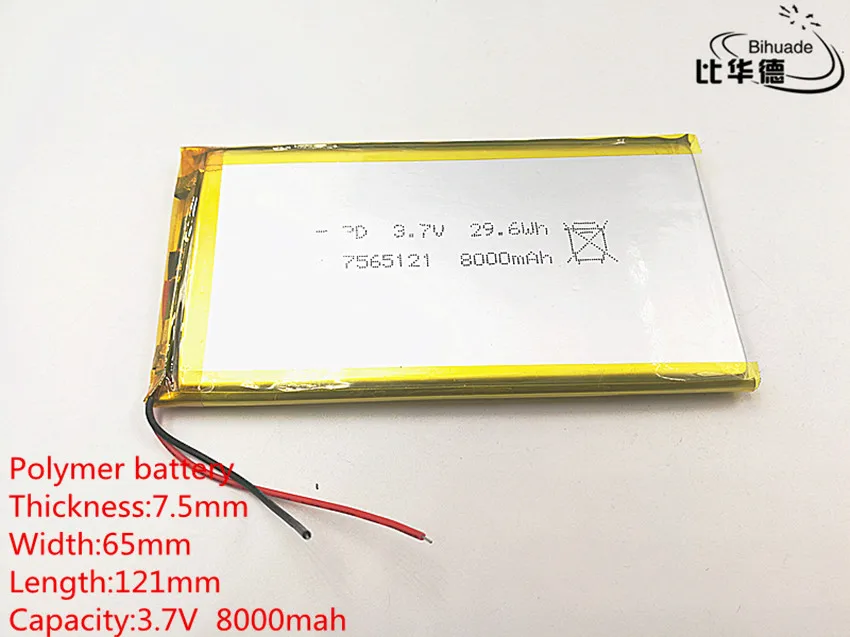 3.7 V 8000 mAh 7565121 bateria litowo polimerowa bateria li-po akumulator litowo jonowy akumulator baterie do Mp3 MP4 DIY PAD DVD