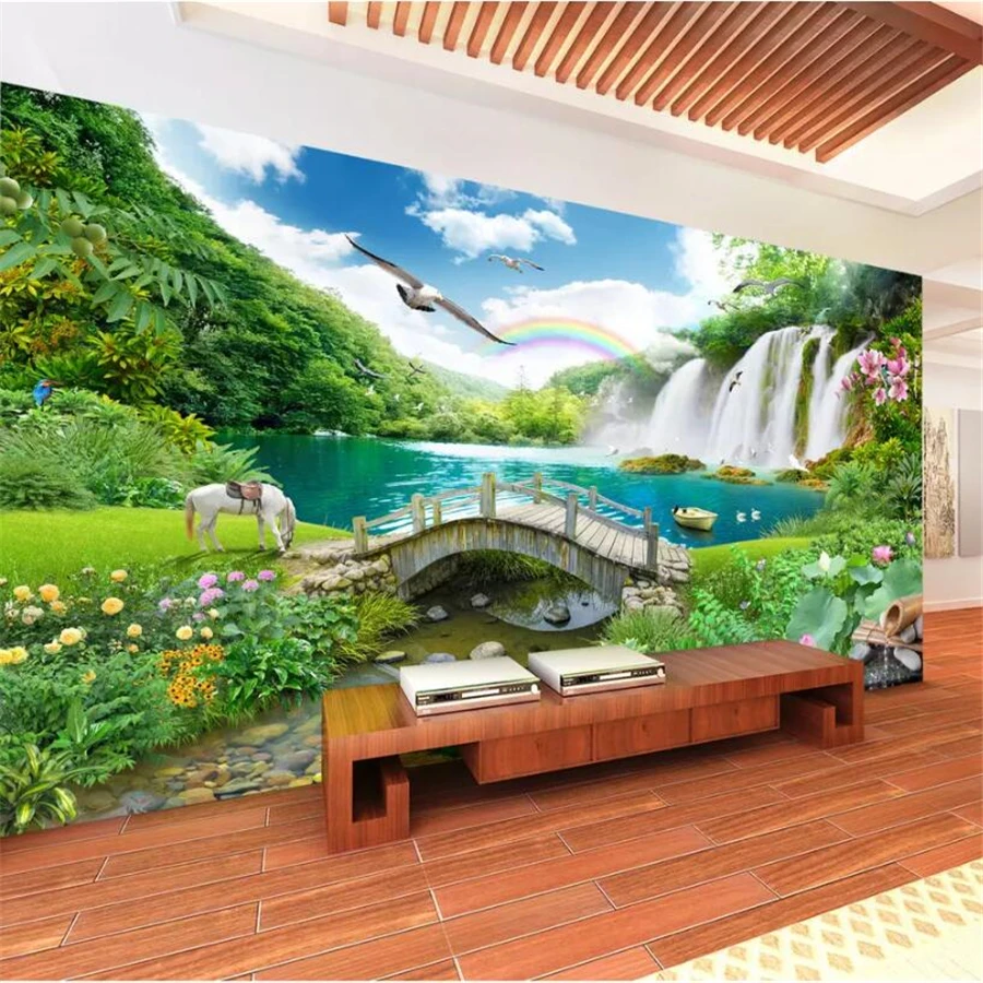 

wellyu Custom wallpaper 3d photo mural обои picturesque landscape scenery waterfall bridge water living room 3d wallpapel murals