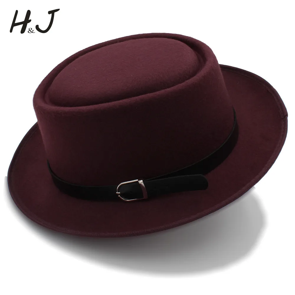 Vintage Women Men Pork Pie Hat With Fashion Leather For Dad Wool Flat Fedora Hat For Gentleman Gambler Trilby Hat Hat Size 58CM