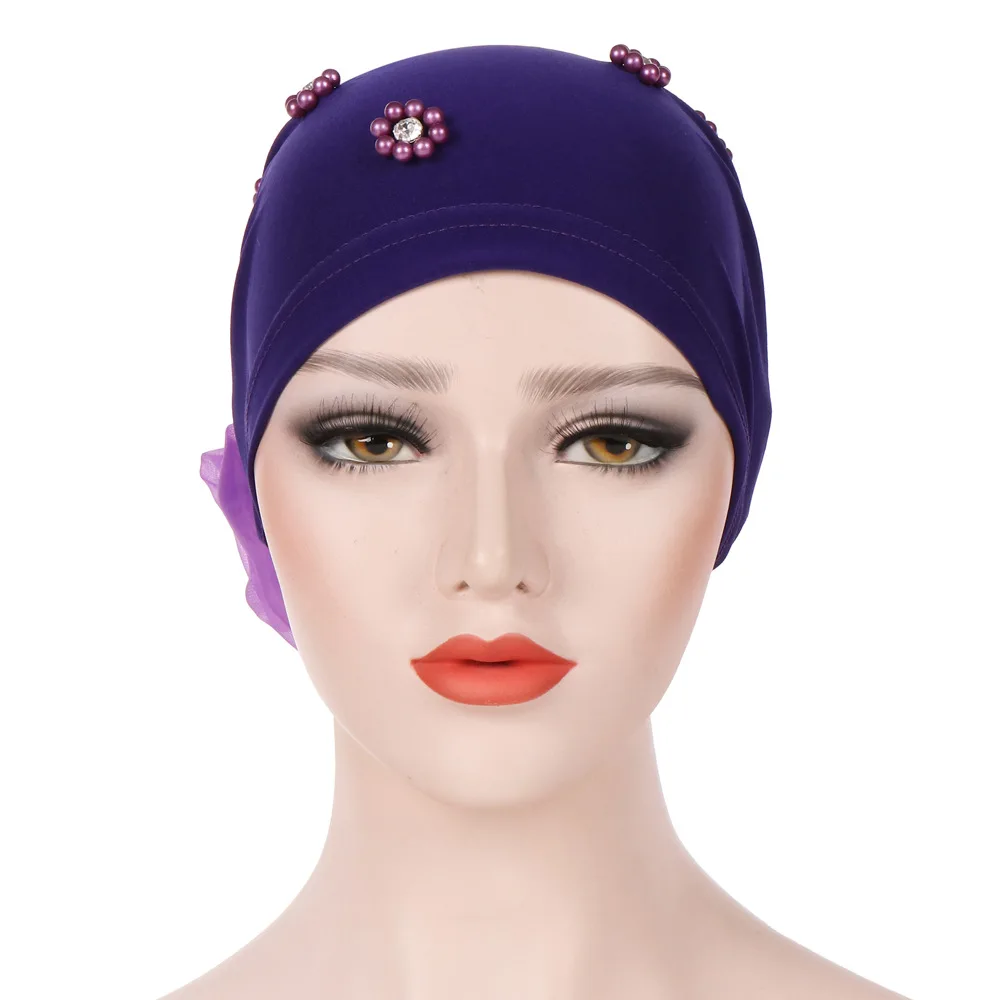 Muslim Women Bead Cotton Flower Stretch Turban Hat Cancer Bandanas Chemo Beanies Caps Headwear Headwrap Hijab Hair Accessories