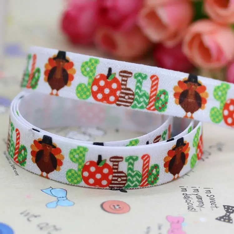 DHK 5/8'' 5yards Fold Over Elastic FOE thanksgiving day turkey printed headband hair band diy decoration OEM Wholesale C220