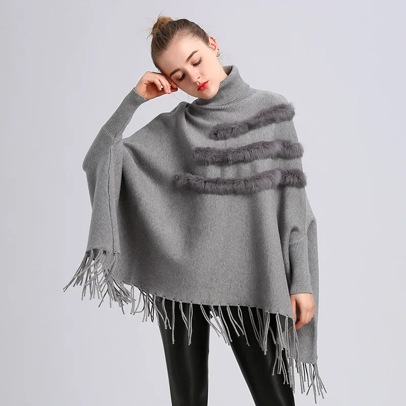 4 Colors Fashion Women Loose Batwing Sleeves Poncho Pullovers Winter Warm Knitted Streetwear Three Lanes Faux Fur Tassel Sweater