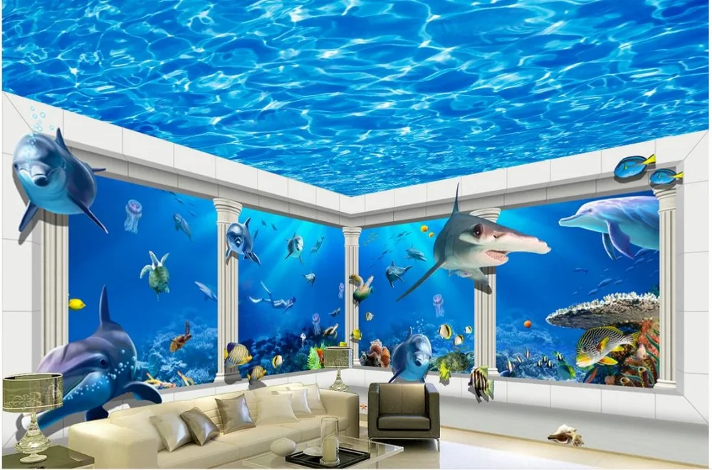 Custom 3d photo wallpaper Sea World theme Roman 3D stereoscopic space dolphin Home Decoration Non woven roll