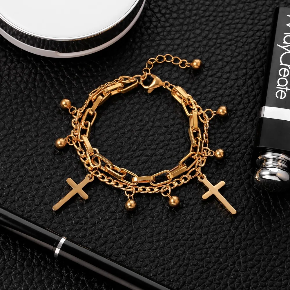 Multi Layers Chain Gold Stainless Steel Charms Bracelet for Women Men God Sun Cross Religious Bracelet Fashion Jewelry New Gift