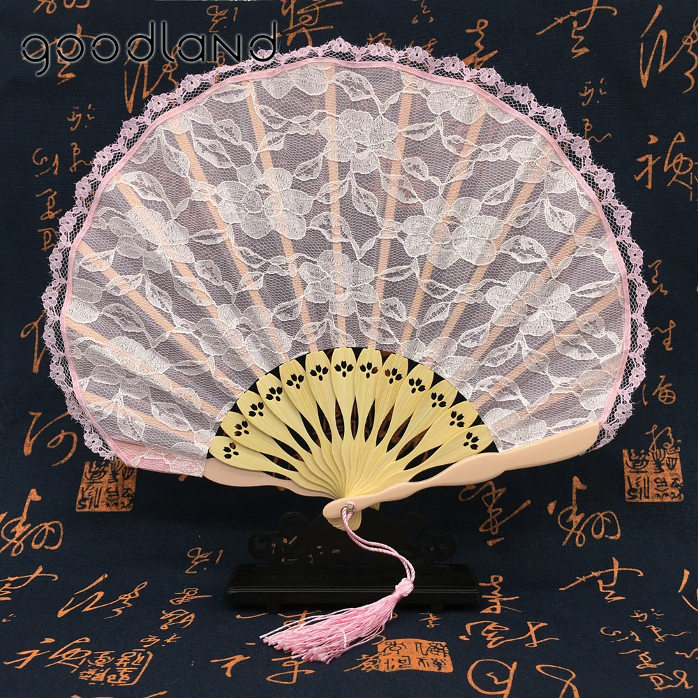 Free Shipping Wholesale 50pcs Pink White Retro Spanish Bamboo Carved Embroidered Lace Hand Fan Dancing Party Fan