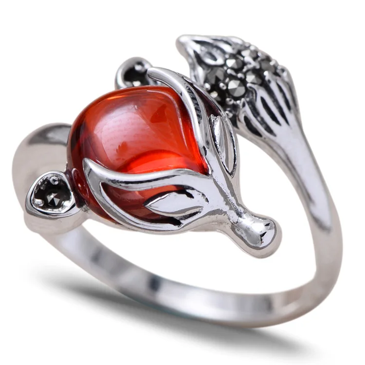 

925 Silver Fox Fox lady's opening ring, antique jewelry, Thai silver, synthetic garnet Ling fox gift for Valentine's Day