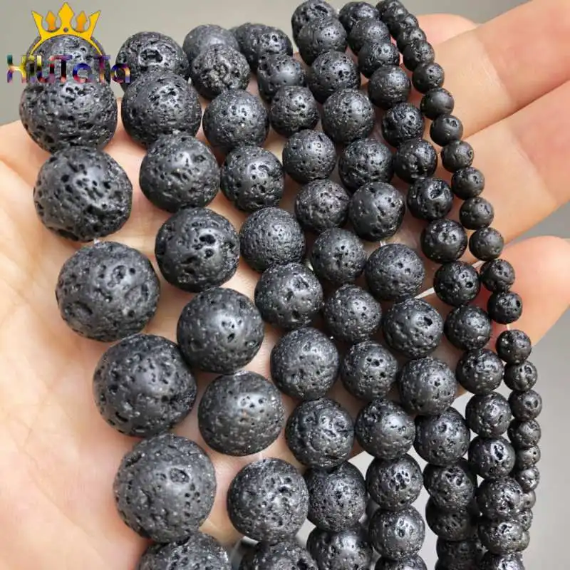 Natural Black Volcanic Lava Beads Round Volcanic-Stone Beads For Jewelry Making DIY Bracelet Necklace 15 Inches 4/6/8/10/12/14mm