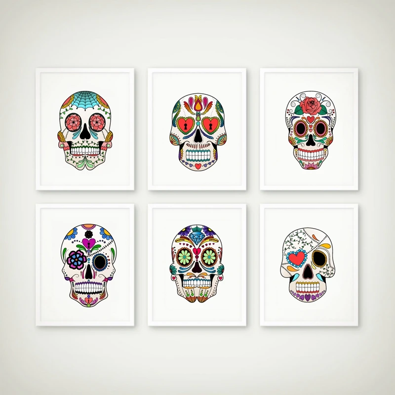 Colorful Sugar Skulls Art Decor Canvas Painting Wall Picture , Mexican Skull Poster Gothic Wall Art Canvas Print