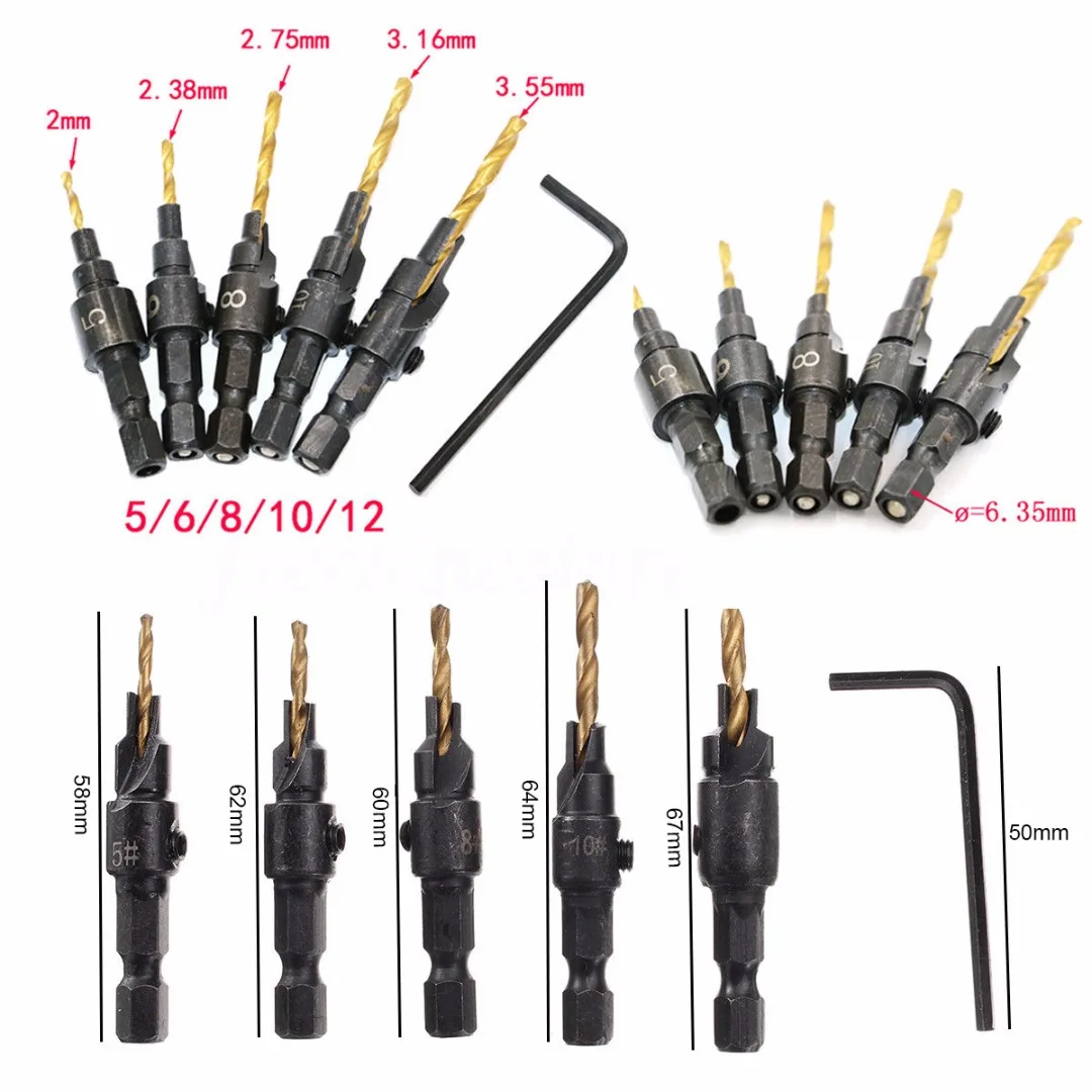 5pcs/set 5~12mm HSS Woodworking Countersink Chamfer Drill Bit Screw Set & Wrench