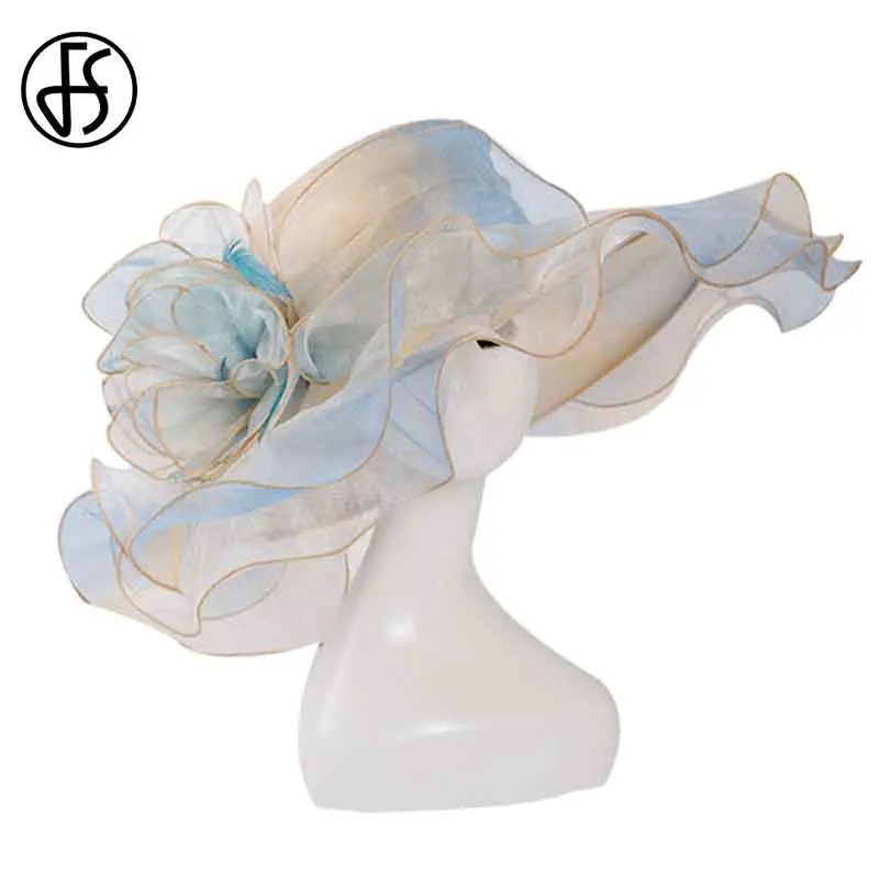 FS Kentucky Derby Fascinators Hat For Women Ladies Organza Sun Hats Flowers Elegant Large Wide Brim Wedding Bride Church Fedoras