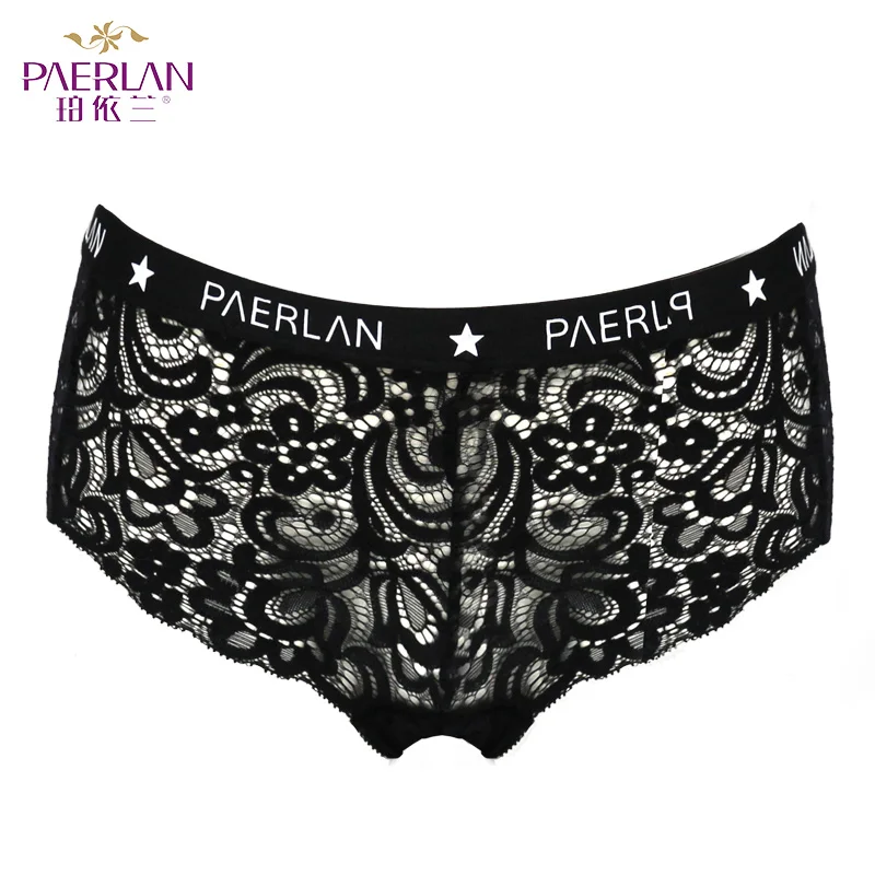 PAERLAN Summer Cutout Lace Trim Women\'s Panties Sexy Letter Band Solid Mid-Rise Hips Briefs