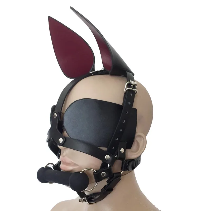 

Quality Faux Leather Pony Girl Harness Head Piece with Ears Eye Shade Bit Gag Fetish Pet Cosplay Costume