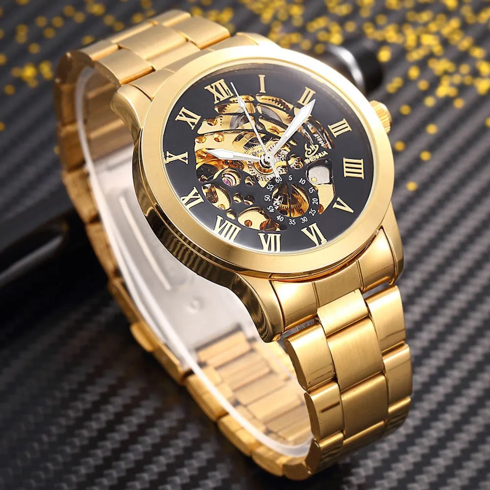 

SHENHUA Men's Watch Gold Hollow through Steel Skeleton Automatic Mechanical Wrist Watch For Man Clock Relogio Masculino 2022 New