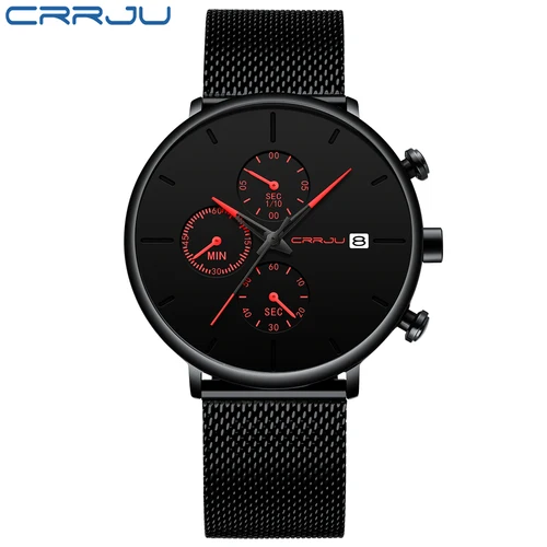 Imagen 2 del producto Relojes CRRJU para hombre, reloj de pulsera deportivo de lujo, diseño único, correa de malla con fecha automática de acero inoxidable, relojes de cuarzo informales a la moda para hombre