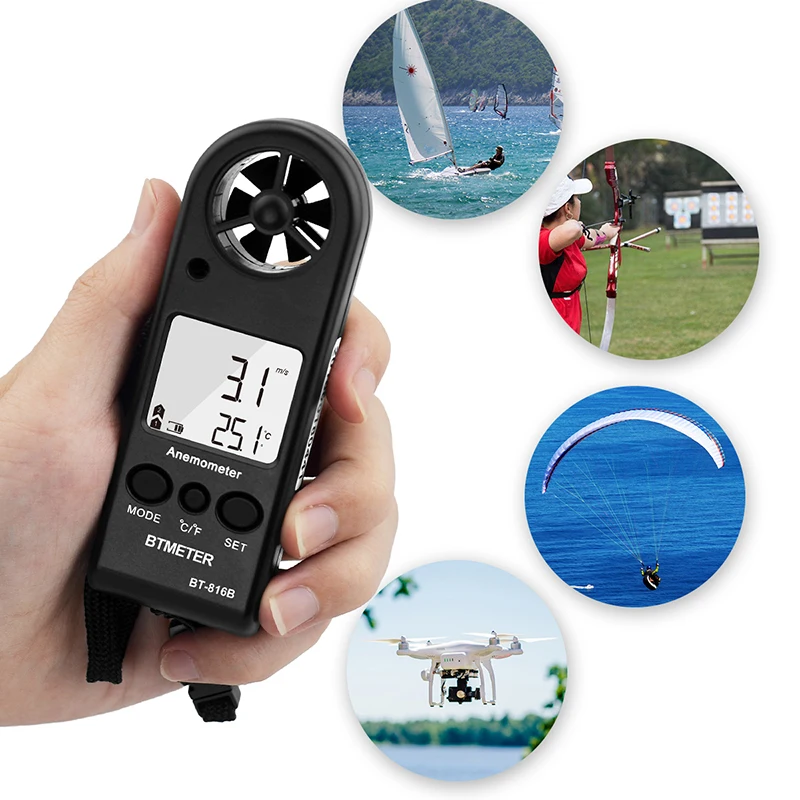 BEMETER Handheld LCD Digital Mini Anemometer BT-816B Wind Speed Meter Air Flow Tester Air Anemometer or HVAC CFM Shooting Boat