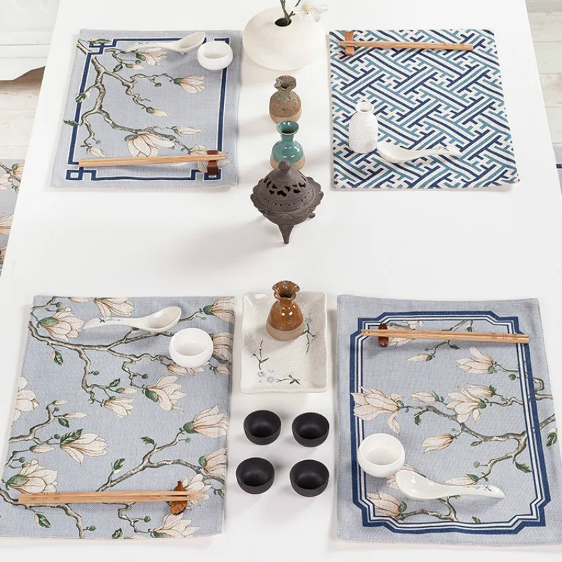 DUNXDECO Table Placemat Cotton Linen Cloth Bar Mat Vintage Elegant Chinese Palace Garden Style Blue Orchid Fabric