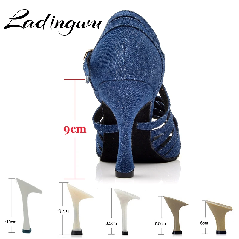 Ladingwu Women Dance Shoes Latin Salsa Tango Blue Denim Dance Shoes Woman\'s Ballroom Paty Profession Dance Shoes Cuban heel 9/10